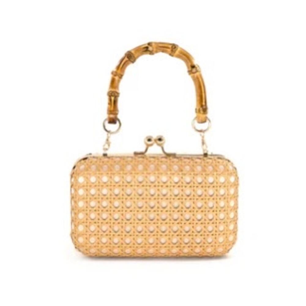 Cane Rattan Clutch with Bamboo Handle and Chain Strap
